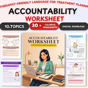 Puede incluir: Una descarga digital de una hoja de trabajo de responsabilidad para la planificación del tratamiento. La imagen presenta a una mujer trabajando en una computadora portátil, rodeada de hojas de trabajo coloridas. El texto incluye "Accountability Worksheet".