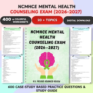 May include: A study guide for the NCMHCE Mental Health Counseling Exam (2026-2027). The cover features a pink brain with a green ribbon, held by two hands. Includes 400+ colorful worksheets, 20+ topics, and a digital download.