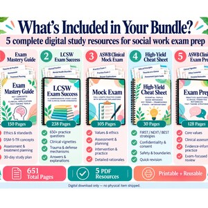 May include: A digital study bundle for social work exams featuring five resources: Exam Mastery Guide, LCSW Exam Success, Mock Exam, High-Yield Cheat Sheet, and Exam Prep. The graphic displays page counts, check-marked topics, and total page count.