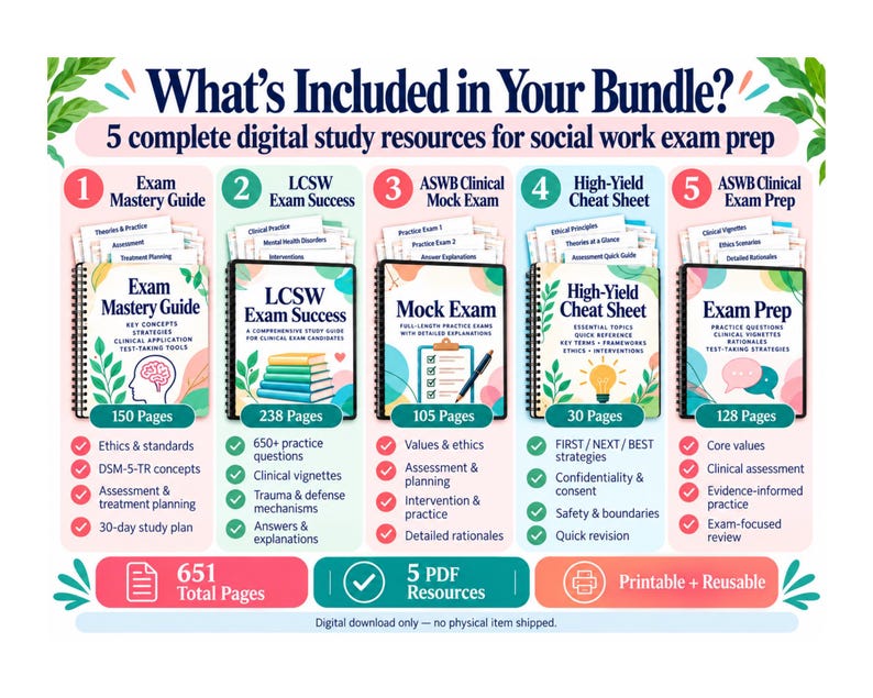 May include: A digital study bundle for social work exams featuring five resources: Exam Mastery Guide, LCSW Exam Success, Mock Exam, High-Yield Cheat Sheet, and Exam Prep. The graphic displays page counts, check-marked topics, and total page count.