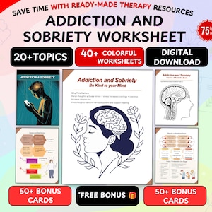 Può includere: Un set di fogli di lavoro digitali su dipendenza e sobrietà con oltre 20 argomenti e 40 pagine colorate. Le grafiche includono un'illustrazione del cervello, una persona che guarda un telefono e un profilo umano con contorno cerebrale.