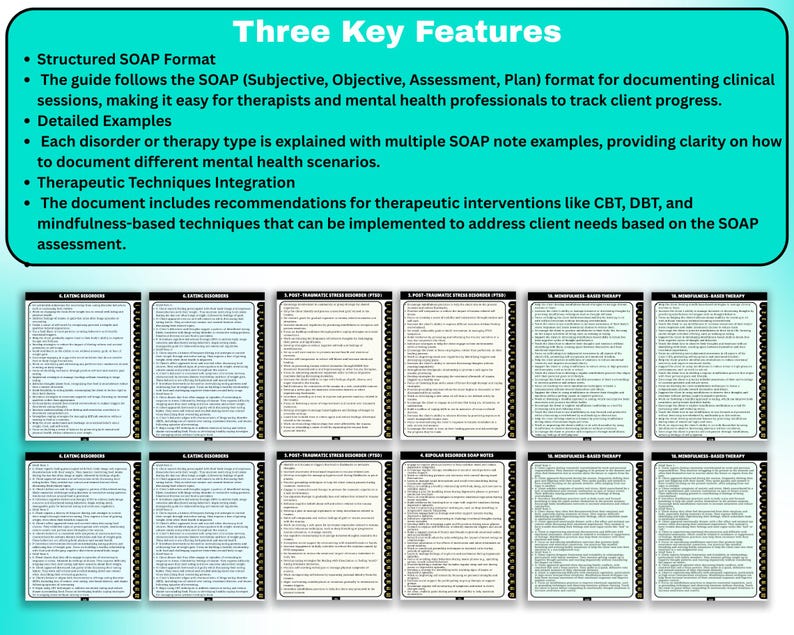 May include: A teal-bordered document titled "Three Key Features" detailing a guide for therapists using the SOAP format. Multiple examples of SOAP notes are displayed below, covering different mental health scenarios.