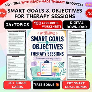May include: A digital download resource titled SMART GOALS & OBJECTIVES FOR THERAPY SESSIONS, featuring 100+ colorful worksheets, 24+ topics, and 50+ bonus cards. The cover displays a clipboard, a target, and a spiral notebook with text.