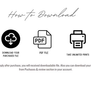 Pu&ograve; includere: Un grafico di istruzioni intitolato How to Download con tre icone nere: una nuvola con una freccia verso il basso, un documento PDF e una stampante. Il testo sottostante recita: Simply after purchase, you will received downloadable file. Also you can download your file from Puchases & review section in your account.