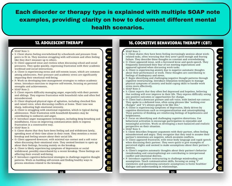 May include: A teal and black educational chart with text explaining SOAP note examples for adolescent therapy and cognitive behavioural therapy. The chart provides clarity on documenting different mental health scenarios.