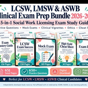 May include: LCSW, LMSW & ASWB Clinical Exam Prep Bundle 2026-2027 5-in-1 Social Work Licensing Exam Study Guide featuring five spiral-bound books with titles including Exam Mastery Guide, LCSW Exam Success, Mock Exam, High-Yield Cheat Sheet, and Exam Prep.