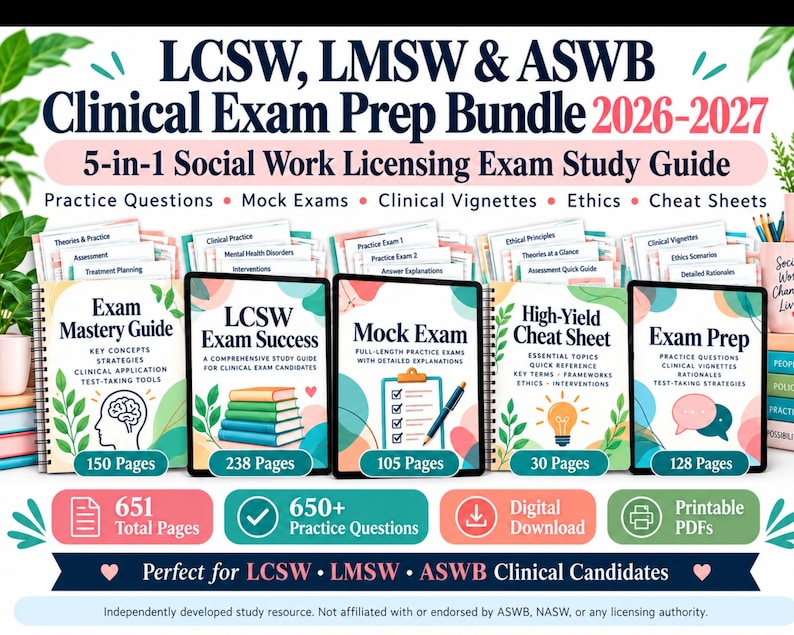 May include: LCSW, LMSW & ASWB Clinical Exam Prep Bundle 2026-2027 5-in-1 Social Work Licensing Exam Study Guide featuring five spiral-bound books with titles including Exam Mastery Guide, LCSW Exam Success, Mock Exam, High-Yield Cheat Sheet, and Exam Prep.