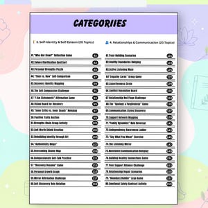 May include: A white document page titled CATEGORIES with a purple header. It lists topics 41 through 80 under two columns: Self-Identity & Self-Esteem and Relationships & Communication, each with corresponding page numbers in black circles.
