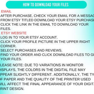 May include: A teal and white graphic providing instructions on downloading files from Etsy. The text details steps for downloading via email and the Etsy website, plus a note about colour variations in digital files.