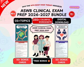 May include: ASWB Clinical Exam Prep 2026-2027 bundle featuring digital download resources, 250+ colorful worksheets, 50+ bonus cards, and study guides. The graphic includes text, illustrations of people, a globe, and a heart icon on a light background.