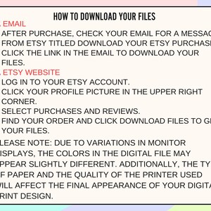 May include: A rectangular graphic with instructions on how to download files from Etsy. The text is in black and red, with a light yellow background and a colorful border. The instructions cover downloading via email and the Etsy website.