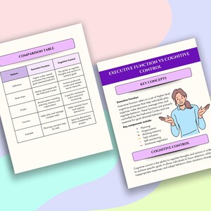 May include: Two educational infographics on a white background. One is a comparison table with purple headers, and the other is a diagram with the title "Executive Function vs Cognitive Control" and a cartoon illustration.