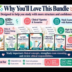 May include: A digital study bundle for clinical social work exams featuring five spiral-bound guides titled Exam Mastery Guide, LCSW Exam Success, Mock Exam, High-Yield Cheat Sheet, and Exam Prep, with icons for practice questions and printable PDF resources.