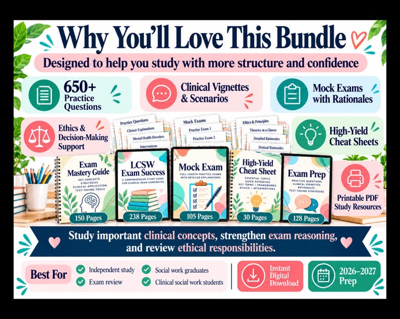 May include: A digital study bundle for clinical social work exams featuring five spiral-bound guides titled Exam Mastery Guide, LCSW Exam Success, Mock Exam, High-Yield Cheat Sheet, and Exam Prep, with icons for practice questions and printable PDF resources.