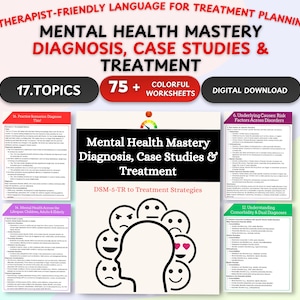 Op de afbeelding: Een digitale download getiteld "Mental Health Mastery: Diagnosis, Case Studies & Treatment". De afbeelding bevat de tekst "Therapist-Friendly Language for Treatment Planning" en bevat 17 onderwerpen en 75+ kleurrijke werkbladen.