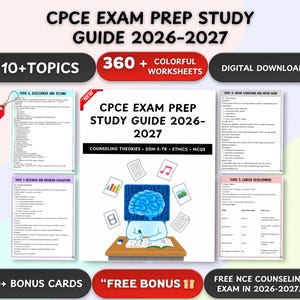 Op de afbeelding: Een promotieafbeelding voor een CPCE examenvoorbereidingsgids voor 2026-2027. De afbeelding bevat de tekst "10+ TOPICS", "360+ COLORFUL WORKSHEETS" en "DIGITAL DOWNLOAD". Het bevat ook een "FREE GIFT"-tag en "50+ BONUS CARDS".