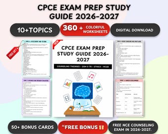 May include: A promotional image for a CPCE exam prep study guide for 2026-2027. The image includes the text "10+ TOPICS", "360+ COLORFUL WORKSHEETS", and "DIGITAL DOWNLOAD". It also features a "FREE GIFT" tag and "50+ BONUS CARDS".
