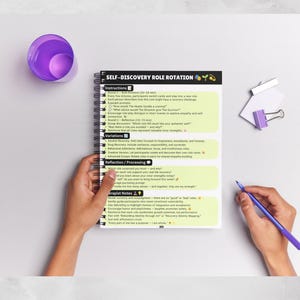 May include: A spiral-bound notebook titled Self-Discovery Role Rotation with light green pages containing instructions, variations, reflection questions, and therapist notes. The text includes sections for instructions, variations, reflection, and therapist notes.