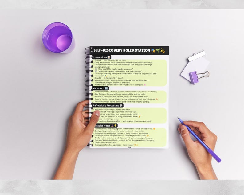 May include: A spiral-bound notebook titled Self-Discovery Role Rotation with light green pages containing instructions, variations, reflection questions, and therapist notes. The text includes sections for instructions, variations, reflection, and therapist notes.