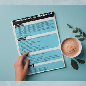 May include: A printed document titled Communication Styles Discovery with sections for Objective, Materials, and Instructions. The page features light blue text boxes, black headers, and small icons. A white ceramic mug with a brown beverage sits nearby.