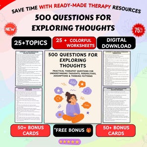 Puede incluir: Un conjunto de descarga digital titulado 500 Questions for Exploring Thoughts, que incluye más de 25 temas y hojas de trabajo coloridas. El gráfico central muestra a una persona sentada con burbujas de pensamiento.