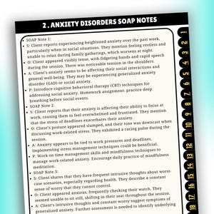 May include: A white paper titled "2. Anxiety Disorders SOAP Notes" with black text. The notes detail client symptoms, observations, assessments, and plans for managing anxiety. A tabbed index is on the right side.