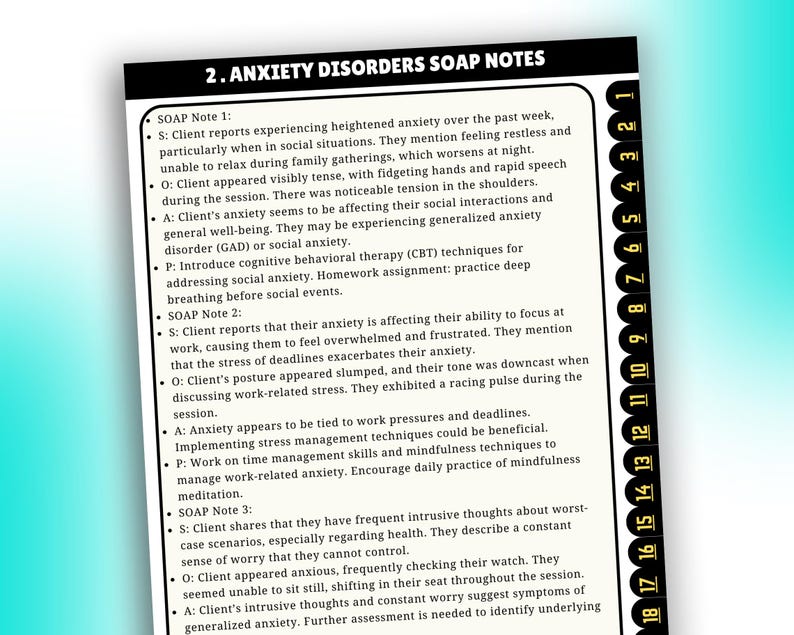 May include: A white paper titled "2. Anxiety Disorders SOAP Notes" with black text. The notes detail client symptoms, observations, assessments, and plans for managing anxiety. A tabbed index is on the right side.