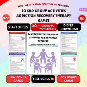 May include: A digital download set of 20 SUD group activities for addiction recovery therapy. Includes 20 colourful worksheets, 20+ topics, and 50+ bonus cards. The central graphic shows five purple figures in a circle, with text detailing a trauma-informed facilitator guide.