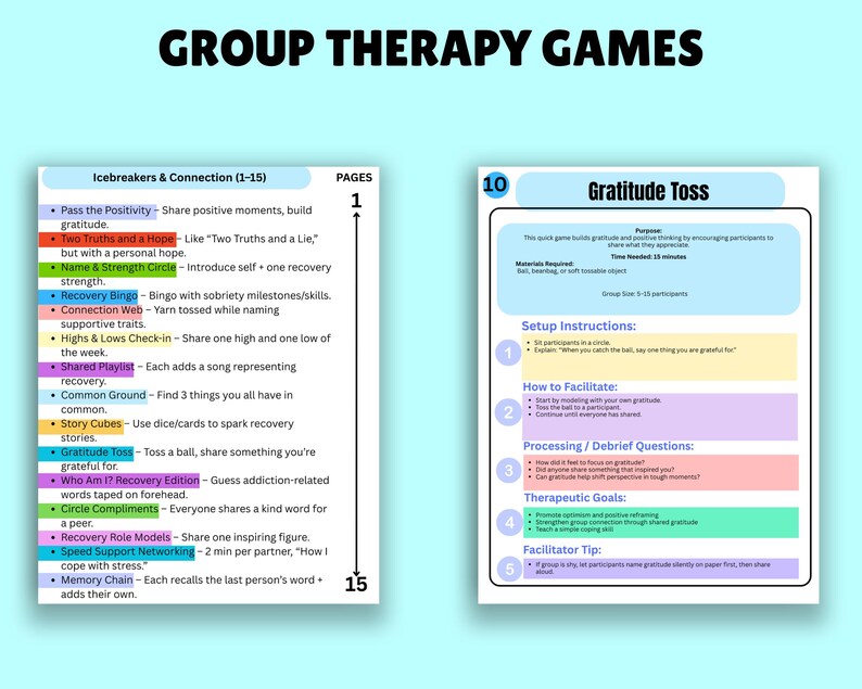 K&ouml;nnte beinhalten: Zwei Seiten mit Gruppentherapie-Spielen werden gezeigt. Die erste Seite listet Eisbrecher- und Verbindungsaktivit&auml;ten auf, darunter "Gratitude Toss". Die zweite Seite beschreibt "Gratitude Toss" mit Anweisungen und therapeutischen Zielen.