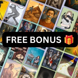 May include: A collage of various artistic illustrations featuring diverse themes such as human figures, abstract concepts, and surreal imagery, overlaid with a prominent black rectangular banner displaying the white text FREE BONUS and a gift icon.