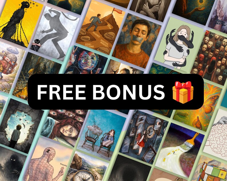May include: A collage of various artistic illustrations featuring diverse themes such as human figures, abstract concepts, and surreal imagery, overlaid with a prominent black rectangular banner displaying the white text FREE BONUS and a gift icon.