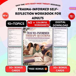 Peut inclure: Un cahier d'exercices numérique d'autoréflexion axé sur les traumatismes pour adultes avec 40 fiches colorées et plus de 10 sujets. La couverture affiche le titre Trauma-Informed Therapy Questions, une illustration et quatre pages de questions.