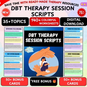Puede incluir: Una descarga digital de guiones de sesiones de terapia DBT con más de 35 temas y 140 hojas de trabajo coloridas. La portada muestra el texto DBT THERAPY SESSION SCRIPTS con una ilustración de dos manos grandes acunando a una persona sentada.