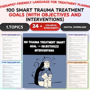 Könnte beinhalten: Eine digitale Download-Grafik mit dem Text "100 SMART TRAUMA TREATMENT GOALS (WITH OBJECTIVES AND INTERVENTIONS)". Das Bild enthält eine zentrale Illustration einer Person und mehrere Textseiten mit der Aufschrift "100 SMART TRAUMA TREATMENT GOALS".