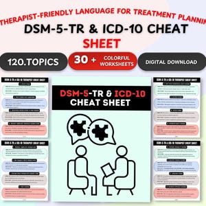 May include: A digital download titled "DSM-5-TR & ICD-10 Cheat Sheet" for treatment planning. The image features colorful worksheets, with 120 topics and 30+ worksheets. The design includes illustrations of two people in a therapy session.