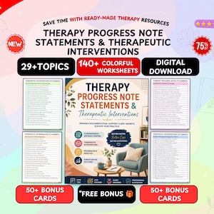 Può includere: Un set di download digitale di note di progresso terapeutico e interventi terapeutici con oltre 29 argomenti e oltre 140 fogli di lavoro colorati. Include oltre 50 carte bonus, il testo mostra therapy progress note statements and therapeutic interventions.