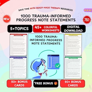 Può includere: Un set di download digitale intitolato 1000 Trauma-Informed Progress Note Statements, che include 5+ argomenti, 45+ fogli di lavoro colorati e 50+ carte bonus. La grafica include un'illustrazione stilizzata di una persona che guarda un documento.