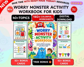 Cuaderno de ejercicios para niños sobre la ansiedad "El Monstruo de la Preocupación", hojas de trabajo de TCC, actividades para desarrollar habilidades de afrontamiento para niños, recursos de orientación escolar, juegos de terapia infantil.