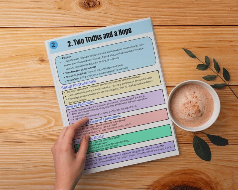 Pu&ograve; includere: Un foglio di attivit&agrave; stampato intitolato 2. Two Truths and a Hope, che presenta sezioni per lo scopo, le istruzioni di configurazione, i passaggi di facilitazione, le domande di debriefing, gli obiettivi terapeutici e un consiglio in riquadri colorati.