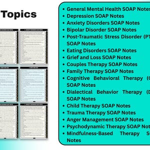 May include: A teal graphic listing mental health topics, including SOAP notes for depression, anxiety, bipolar disorder, PTSD, eating disorders, grief, couples, family, CBT, DBT, child therapy, trauma, anger, and psychodynamic therapy.