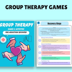 K&ouml;nnte beinhalten: Ein tealfarbener Grafik mit dem Text "GROUP THERAPY GAMES" oben. Darunter steht auf einer Karte "GROUP THERAPY GAMES & ACTIVITIES FOR ADDICTION RECOVERY". Eine zweite Karte zeigt "Recovery Bingo" mit Anweisungen und therapeutischen Zielen.