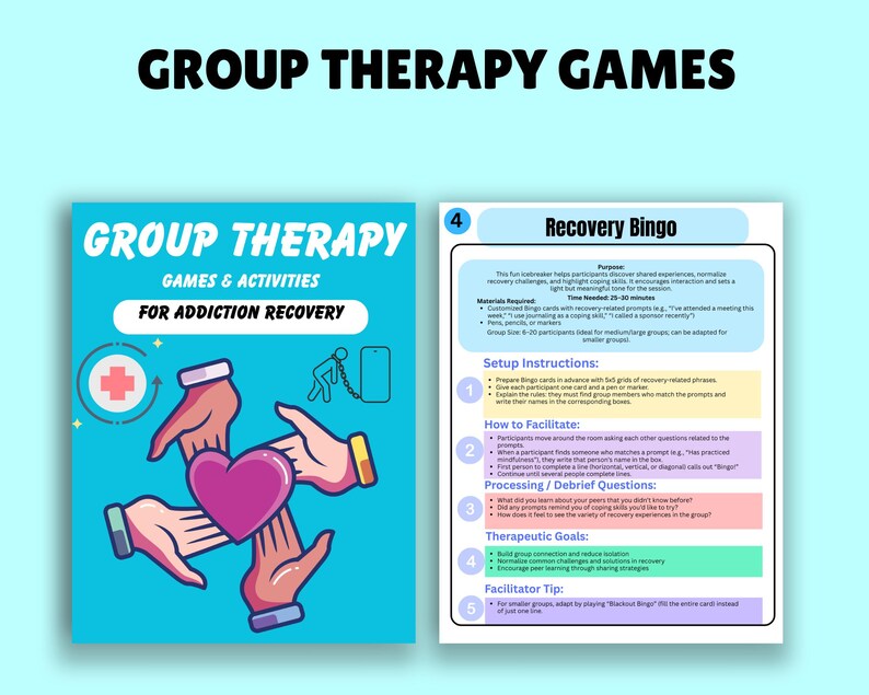 K&ouml;nnte beinhalten: Ein tealfarbener Grafik mit dem Text "GROUP THERAPY GAMES" oben. Darunter steht auf einer Karte "GROUP THERAPY GAMES & ACTIVITIES FOR ADDICTION RECOVERY". Eine zweite Karte zeigt "Recovery Bingo" mit Anweisungen und therapeutischen Zielen.