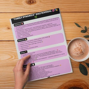 May include: A printed document titled "FAMILY DYNAMICS" ROLE REVERSAL with sections for Objective, Materials, Setup, and Instructions. The page features a light pink background with black text and various small colourful icons, presented on a wooden surface next to a white mug of coffee.