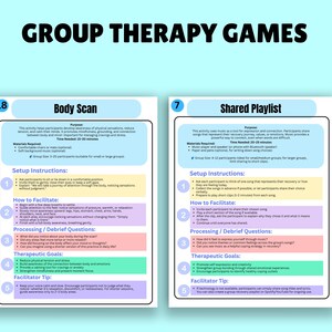 K&ouml;nnte beinhalten: Zwei druckbare Gruppentherapie-Spielbl&auml;tter. Das erste Blatt tr&auml;gt den Titel "Body Scan" und das zweite "Shared Playlist". Die Bl&auml;tter haben einen hellblauen Hintergrund mit wei&szlig;em Text und farbigen Akzenten. Der Text enth&auml;lt Anweisungen und therapeutische Ziele.