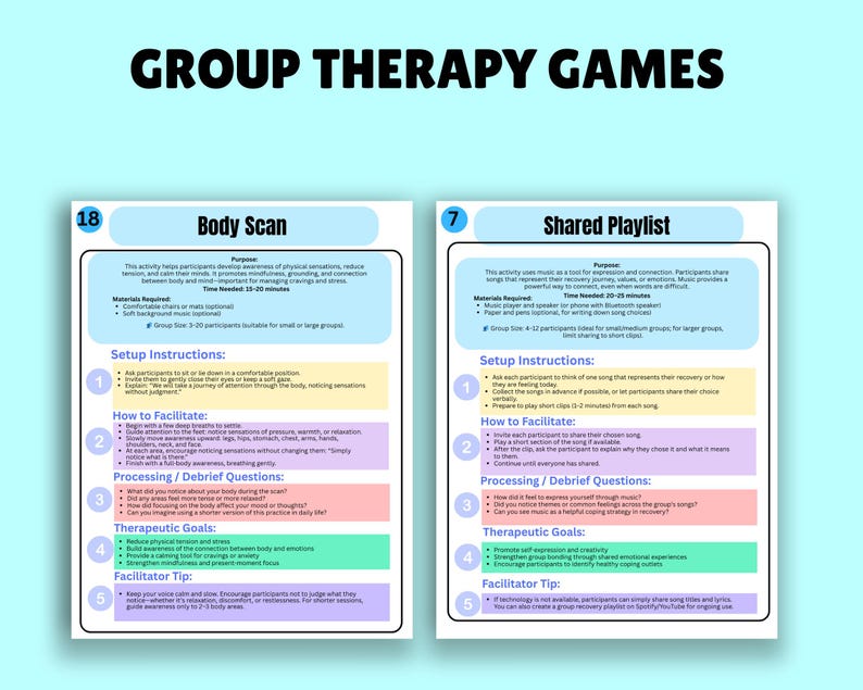 K&ouml;nnte beinhalten: Zwei druckbare Gruppentherapie-Spielbl&auml;tter. Das erste Blatt tr&auml;gt den Titel "Body Scan" und das zweite "Shared Playlist". Die Bl&auml;tter haben einen hellblauen Hintergrund mit wei&szlig;em Text und farbigen Akzenten. Der Text enth&auml;lt Anweisungen und therapeutische Ziele.