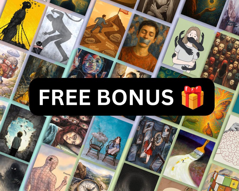 Pu&ograve; includere: Una collezione di varie illustrazioni artistiche disposte a griglia, con temi diversi come figure umane, concetti astratti e natura, con un banner rettangolare nero che mostra il testo FREE BONUS al centro.