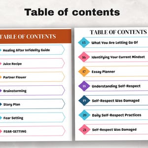 May include: A two-column table of contents document. The left side has a rust-colored header and lists items 01 through 07, including Healing After Infidelity Guide, Juice Recipe, Partner Flower, Brainstorming, Story Plan, and Fear Setting.