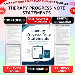 May include: A digital download resource titled Therapy Progress Note Statements, featuring 450 colorful worksheets, 100 plus topics, and 50 bonus cards. The cover displays a clipboard, a notebook with a heart brain icon, and a profile silhouette.