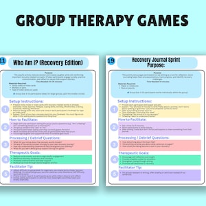 K&ouml;nnte beinhalten: Zwei farbenfrohe Gruppentherapie-Spielanleitungen auf hellblauem Hintergrund. Die Anleitungen enthalten Anweisungen, Einrichtungsdetails und therapeutische Ziele. Der Text "GROUP THERAPY GAMES" steht oben.