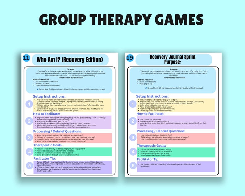 K&ouml;nnte beinhalten: Zwei farbenfrohe Gruppentherapie-Spielanleitungen auf hellblauem Hintergrund. Die Anleitungen enthalten Anweisungen, Einrichtungsdetails und therapeutische Ziele. Der Text "GROUP THERAPY GAMES" steht oben.